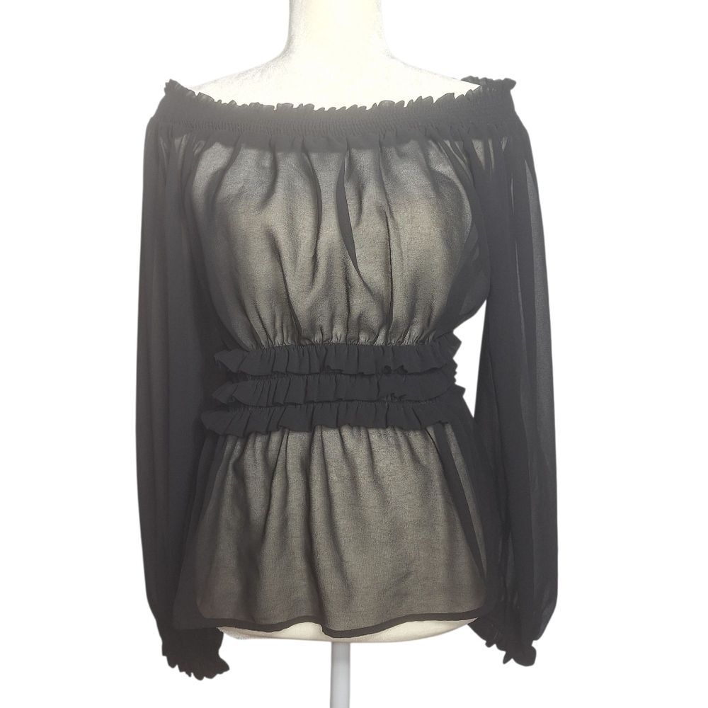 Forever 21 Black Sheer Top Balloon Sleeves Ruffles Small P Womens
